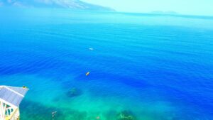 A serene aerial view capturing kayakers enjoying a turquoise sea on a sunny day.