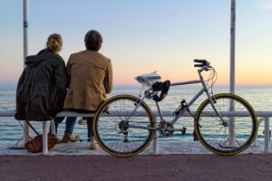 france, provence, bicycle, nature, lovers, people, couple, sunset, sea, beach, waves