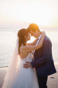 sunset, couple, wedding, bride, groom, married couple, husband, wife, man, nature, woman, romance, romantic, relationship, beach