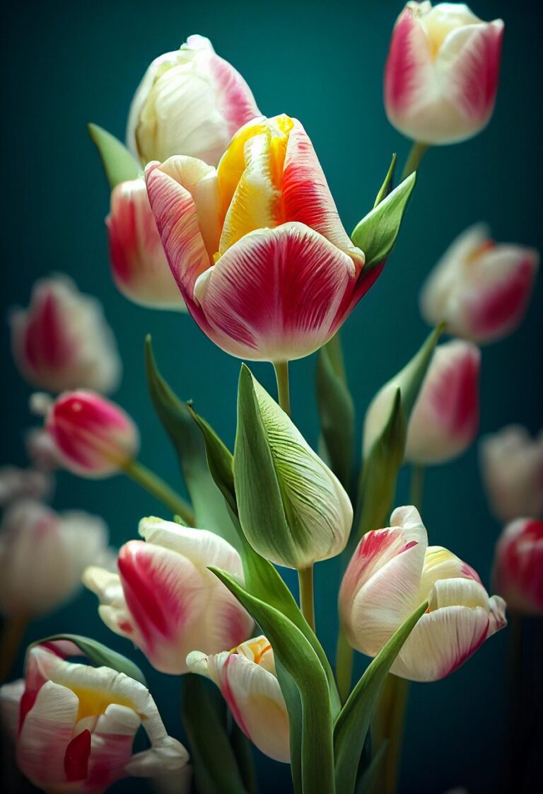 tulips, flower background, flowers, bouquet, flower wallpaper, petals, flora, spring, 3d art, 3d mockup, sheets, beautiful flowers, nature
