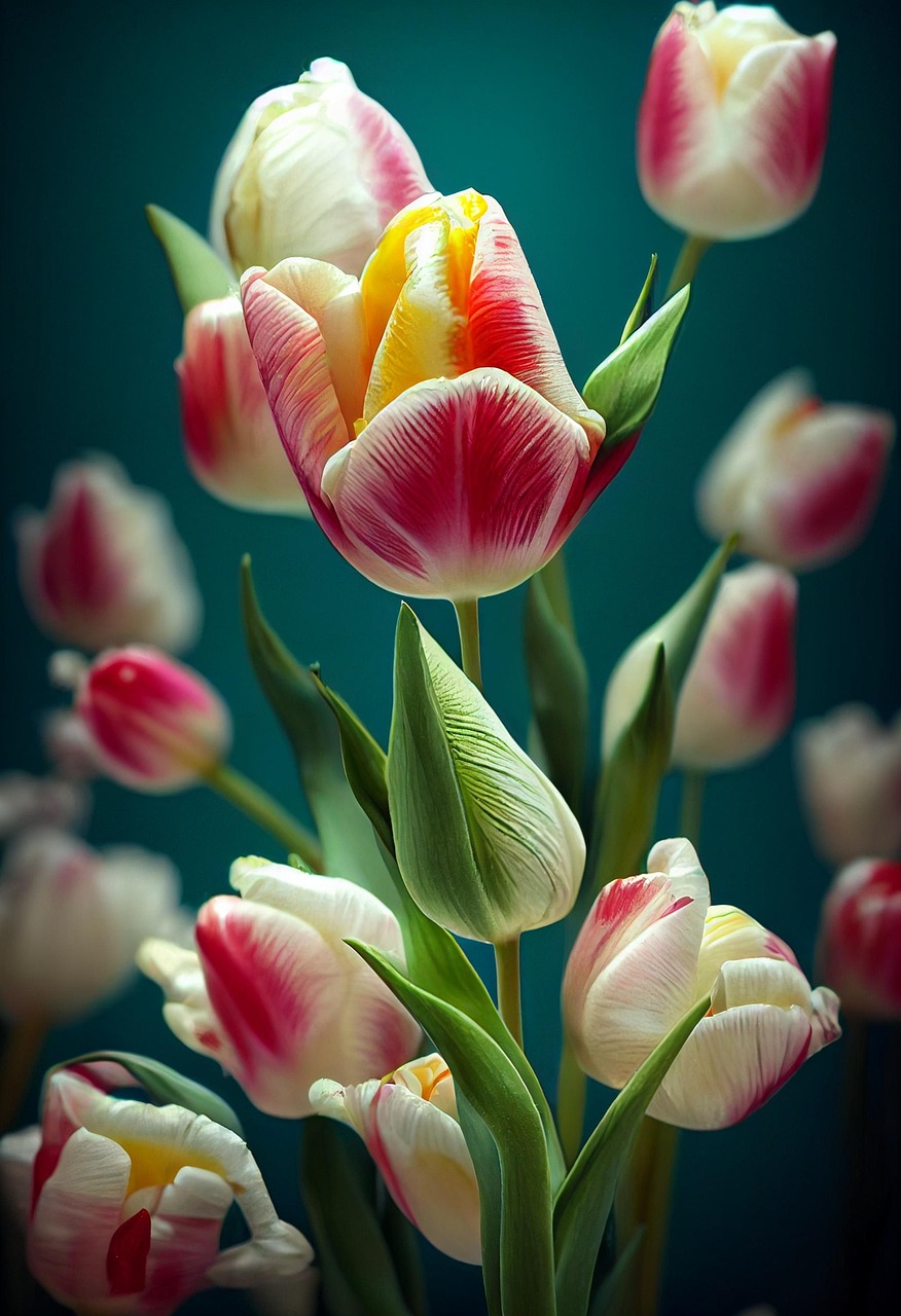 tulips, flower background, flowers, bouquet, flower wallpaper, petals, flora, spring, 3d art, 3d mockup, sheets, beautiful flowers, nature