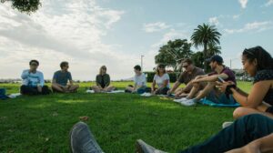 A group of friends sitting together on a sunny day in a green park.