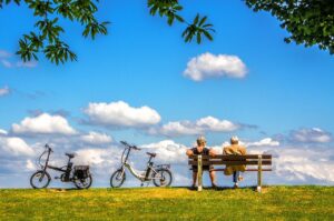man, woman, bicycle, bike, air, sky, bench, peace, people, nature, couple